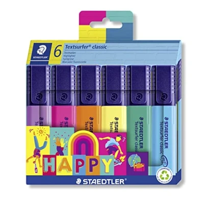 Abbildung von STAEDTLER Textmarker Textsurfer classic, Happy colours, großer Tintenspeicher, lange Markierleistung und Lebensdauer, sekundenschnell trocken, 1 5mm Spitze, 6 in Kartonetui, 364 C6 HA