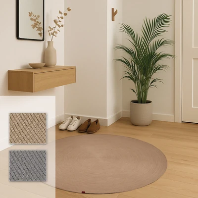 Abbildung von Robuster Outdoorteppich rund Beidseitig nutzbarer Teppich Innen und Außen Handgenähter Balkon, Terasse, Garten Beige Ø 120 cm