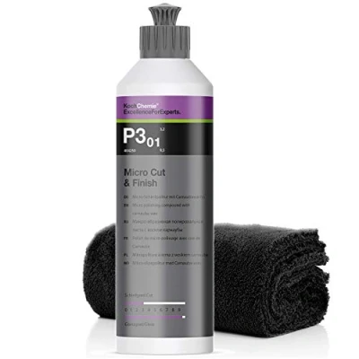 Abbildung von detailmate Koch Chemie Politur Set: Micro Cut &amp; Finish P3.01 Schleifpolitur mit Cranaubawachs, 250ml randloses Mikrofasertuch, 40 x 40cm, 550GSM