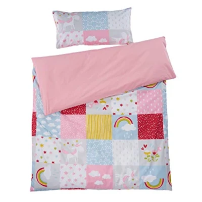 Abbildung von Bio Kinderbettwäsche 100% Baumwolle (kbA) GOTS zertifiziert, Patchwork Einhorn, 100 x 135 cm / 40 60 cm, Perkal Stoff