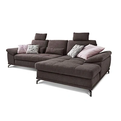 Abbildung von Cavadore Schlafsofa Castiel mit Federkern / Großes Bettsofa in L Form Bettkasten, Sitztiefenverstellung, Kopfstützen und XL Longchair 312 x 114 173 Webstoff, Dunkelbraun