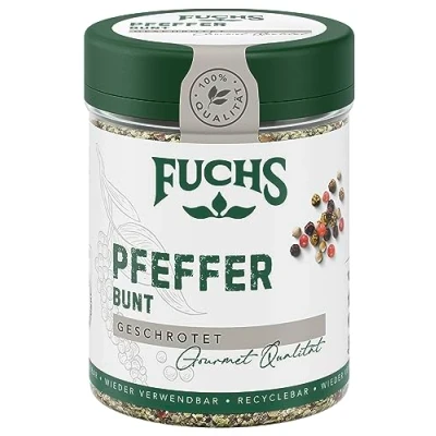 Abbildung von Fuchs Gewürze Pfeffer bunt geschrotet Mischung aus schwarzem, weißem, grünen für Fleischgerichte natürliche Zutaten 60 g in wiederverwendbarer, recyclebarer Dose