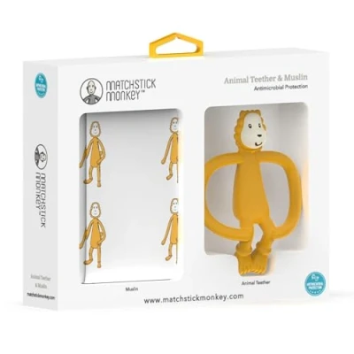 Abbildung von Matchstick Monkey Geschenkset Tier Beißring/Zahnungshilfe aus Silikon Gigi Giraffe &amp; Musselin Tuch/Bio Baumwolle Spucktuch/ideal zum Abwischen Reinigen oder Abdecken von Babys (Ludo Löwe)