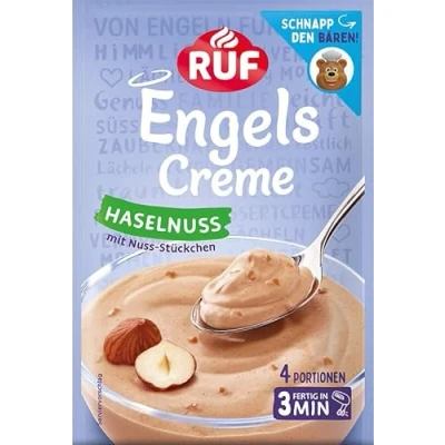Abbildung von RUF Engels Creme Haselnuss, Dessertpulver für eine Dessertcreme mit Haselnuss Geschmack und knackigen Nuss Stückchen, 4 Portionen