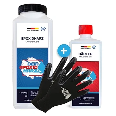 Abbildung von Epoxidharz mit Härter 1,5kg GfK set Profi Qualität glasklar &amp; geruchsarm Gießharz für Holz + Schutzhandschuhe