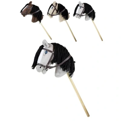 Abbildung von RL24 Hobby Horse Steckenpferd mit Trense Spielpferd aus Plüsch Holzstock &amp; Langer Mähne Stockpferd ohne Griffe Rollen Pferde Grau
