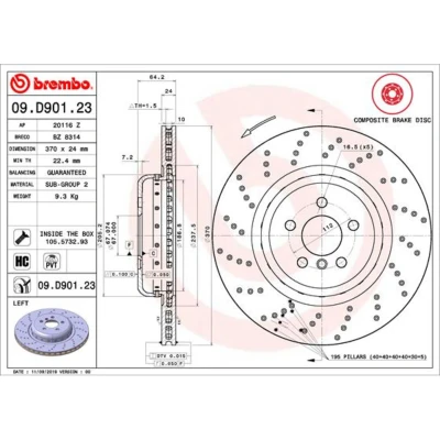 Abbildung von BREMBO 09.D901.23 Bremsscheibe 370 24 5 gelocht/innenbel., Verbundbremsscheibe beschichtet hochgekohlt mit Schrauben BMW: Touring, Limousine, 7