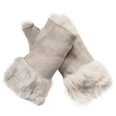 Abbildung von Infinity Leather Damen Handschuhe Winter Warm Hellgrau Shearling Toskana Schaffell Wildleder Fingerloses Design