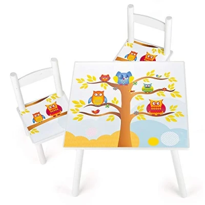 Abbildung von Leomark Weiß Holz Kindertisch und 2 Stühle Eulen Tisch Kinderstuhl für Kinder Sitzgruppe mit UV Aufdruck Mehrfarbig Tischgarnitur Dim 60 x 42 cm