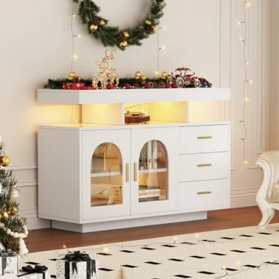 Abbildung von Merax Buffetschrank Sideboard mit LED Leuchten, Kommode Schrank 2 Türen und 3 Schubladen, Modern Beistellschrank Mehrzweckschrank, für Wohnzimmer Esszimmer Flur, Hochglanz Weiß, 120x40x80cm