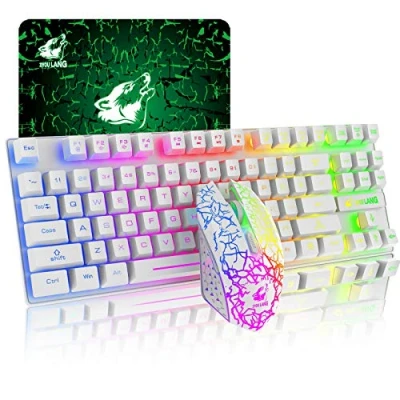 Abbildung von 87 Tasten Drahtlose Tastatur Maus Combo Regenbogen von hinten beleuchtet 2.4G wiederaufladbare mechanische Feel Gaming Tastatur+2400DPI 6 Optische LED Maus+Mauspads (Weiß)