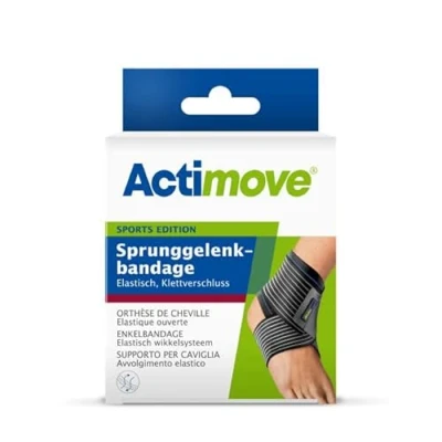 Abbildung von Actimove SPORTS EDITION elastische Sprunggelenkbandage mit Klettverschluss zur Stabilisierung und Kompression beim Sport links oder rechts anwendbar Schwarz, Medium
