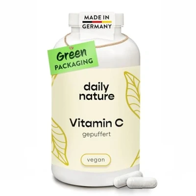 Abbildung von dailynature Vitamin C hochdosiert gepuffert 365 Kapseln für ca. 6 Monate pflanzliches Nahrungsergänzungsmittel mit 1000 mg pro Tagesdosis vegan &amp; ohne Zusätze kompostierbare Dose