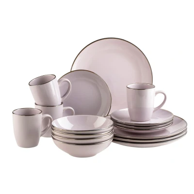 Abbildung von MÄSER Metallic Rim, Modernes Geschirr Set für 4 Personen mit messingfarbenem Rand, 16 teiliges Kombiservice randlosen Coupe Formen, Steinzeug, Lavendel
