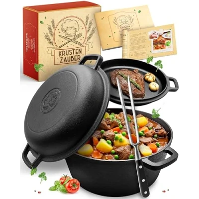 Abbildung von Krustenzauber Schmortopf Gusseisen Topf [inkl. Fleischgabel] , (Robuster 26cm Bräter mit Deckel Backofengeeignet, Ideal als Induktion, Dutch Oven Set, Kazan, Cast Iron Pot)