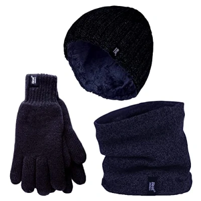 Abbildung von HEAT HOLDERS Herren Halswärmer Mütze Handschuhe Set Winddicht Warm Gestrickt Fleece Thermo Winter (L XL, Marine)