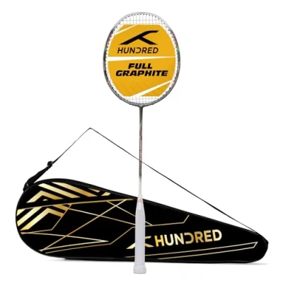 Abbildung von HUNDRED Powertek 1000 PRO Graphite Strung Badminton Racket with Full Cover (Dark Grey/White) for Intermediate Players 95 Grams Maximum String Tension 26lbs