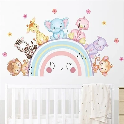 Abbildung von Wandtattoo Regenbogen Kinderzimmer Wandaufkleber Tiere Elefant Giraffe Löwe Wandsticker DIY Selbstklebend Wanddeko Aufkleber für Kinder Babyzimmer Schlafzimmer (BR94492)