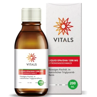 Abbildung von Vitals Liquid EPA/DHA 1200 mg 200ml. Flüssiges Fisschöl, in natürlicher Triglyceridform mit Zitronengeschmack. Hochdosiert 740 EPA und 460 DHA pro Teelöffel (5 ml)