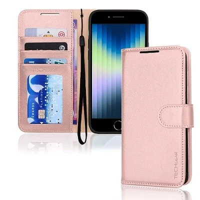 Abbildung von TECHGEAR hülle iPhone SE 2022 5G / 2020 Leder klappbar, PU Flip Schutzhülle Ledertasche [Brieftasche] Handyhülle mit Ständer und Handschlaufe Rosa Kompatible 8/7/6