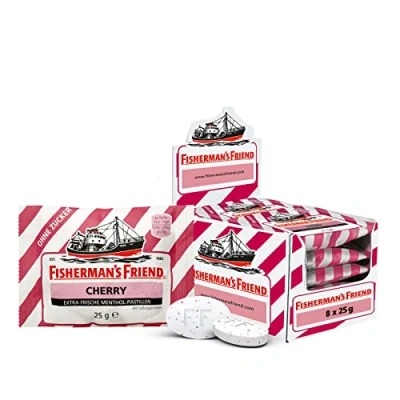 Abbildung von Fisherman&#039;s Friend Cherry, Exklusive 8er Box, Kirsche und Menthol Geschmack, zuckerfrei &amp; vegan, Bonbons für frischen Atem, 8 x 25g