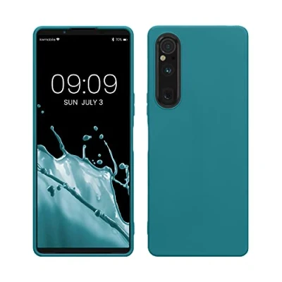 Abbildung von kwmobile Hülle kompatibel mit Sony Xperia 1 V weiches TPU Silikon Case Cover geeignet für kabelloses Laden Petrol matt