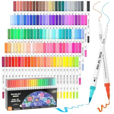 Abbildung von Shuttle Art Dual Brush Pen Set, 120 bunte Filzstifte doppelköpfige Pinselstifte mit weicher Spitze, Aquarellstifte zwei Arten von Schreibfedern Fasermaler (1 2mm) &amp; Fineliner(0,4mm), doppelseitig