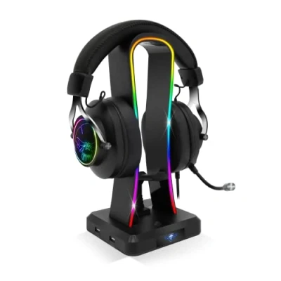 Abbildung von Spirit of Gamer Sentinel, RGB Headsethalter Gaming, 11 helle Hintergrundbeleuchtungs Effekte, 4 USB Anschlüsse, PC und Konsolen kompatibel, C Kabel Mauskabelführung, Ideales Gaming Zubehör