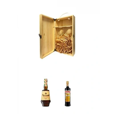 Abbildung von 1a Whisky Holzbox für 2 Flaschen mit Hakenverschluss + Amaro Montenegro Halbbitter Italien 0,7 Liter Averna Siciliano aus