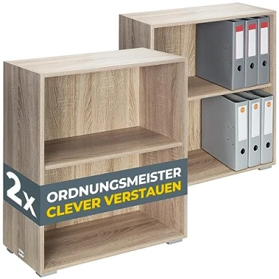 Abbildung von Casaria® Bücherregal 77x60x28cm 2X Eiche Holz 2 Fächer Boden Höhenverstellbar 150kg Belastbarkeit Kippschutz Bücher Büro Wohnzimmer Standregal Regal