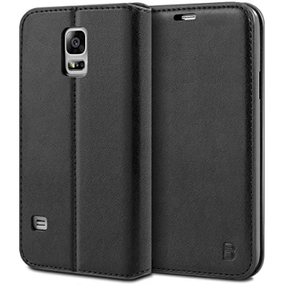 Abbildung von BEZ Hülle für Samsung Galaxy S5 Hülle, Handyhülle Kompatibel / NEO Tasche, aus Klappetui mit Kreditkartenhaltern, Ständer, Magnetverschluss Schwarz