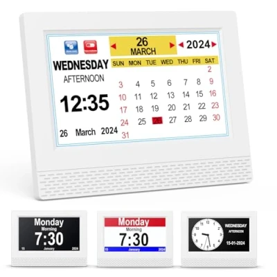 Abbildung von SENXINGYAN Digital Kalender Wecker, 7&#039;&#039; HD Großbilddisplay Mehrere Uhrmodi Seniorenuhr mit Datum und Wochentag, Automatisch Dimmbare für Senioren, Erwachsene Alzheimer Patienten Weiß