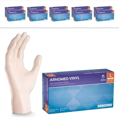 Abbildung von ARNOMED Einweghandschuhe L, Vinyl Handschuhe 1000 Stk (10x100 Stk), Einmalhandschuhe, Einweg puderfrei, Gummihandschuhe latexfrei, Handschuhe, Einmalhandschuhe in S, M, XL