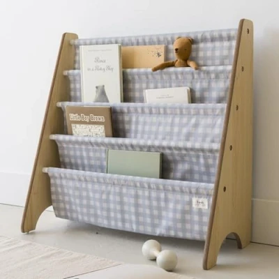 Abbildung von 3 Sprouts Kinder Bücherregal aus Holz Montessori Regal für Kinderzimmer Gingham Blau