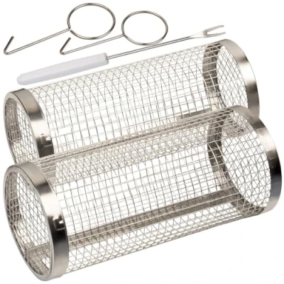 Abbildung von Rosenstein &amp; Söhne Grill Röster: 2er Set Grillkörbe aus Edelstahl, stapelbar, inkl. Haken und Spieße (Fisch Grillkorb, Multifunktions Grillspiesse)