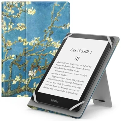 Abbildung von MoKo Universal Hülle für 6 6,8 7 Zoll Schutzhülle mit Handschlaufe &amp; Verstellbarem Ständer Kobo Clara 2E/Fire Tablet/Kindle/Kobo/Voyaga/Lenovo/Sony Kindle eBooks E Reader Tablet, Aprikose Blume