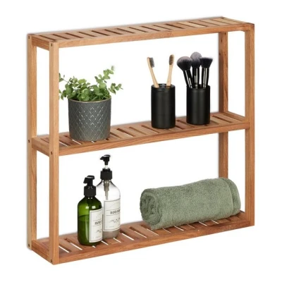 Abbildung von Relaxdays Wandregal Walnuss, 3 Ablagen, HBT: 54 x 60 15 cm, schmales Holzregal Bad, Küche, Steh &amp; Hängeregal, Natur, Holz