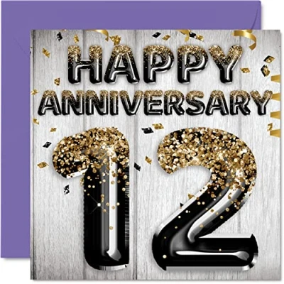 Abbildung von Tolle Seiden Jubiläumskarte für Ehemann Freund Ehefrau Freundin schwarz goldene Glitzer Luftballons Happy 12th Anniversary Cards from Family 145 mm x Grußkarten zwölfte Jubiläen