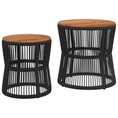 Abbildung von vidaXL Garten Beistelltisch 2 STK., Tisch mit Holzplatte, Gartentisch Stahlgestell, Terrassentisch Gartenmöbel Gartengarnitur, Schwarz Poly Rattan