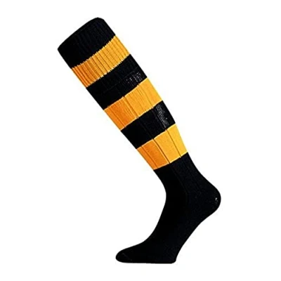 Abbildung von Mitre Mercury Ring Fußballsocken für Kinder Fußballmannschaft Kit leichte lange Sportsocke atmungsaktiv, Schwarz/Bernstein, Mini (30 34)