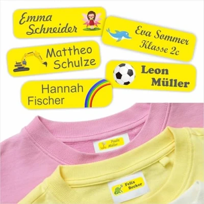 Abbildung von Indigos UG Namensschilder für Kleidung gelb 35x10mm 60 Stück Namensaufkleber Kinder Schule &amp; Gegenstände, Kindergarten, KITA Wäscheetiketten selbstklebend