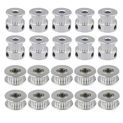 Abbildung von QitinDasen 20Pcs Premium Aluminium GT2 Riemenscheiben Set, 20 Zähne 5mm Innere Bohrung, 10Pcs Zahnriemenscheibe + Idler Pulley, für 3D Drucker 6mm Breite Zahnriemen