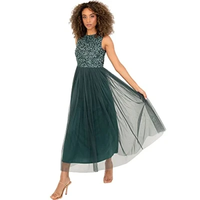 Abbildung von Maya Deluxe Vrouwen Midaxi Jurk Dames Mouwloze Pailletten Hoge Empire Taille Tule Versierd voor Bruiloft Gast Bal Bruidsmeisje, Bessen, 40