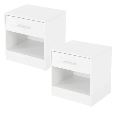 Abbildung von ML Design Nachttisch 2er Set mit einer Schublade und offenem Fach, Weiß, aus Holz, Alu Griff, 36,5x38,5x30cm, Nachtschrank Nachtkommode Nachtkonsole Beistelltisch, passend zu jedem Bett &amp; Schlafzimmer