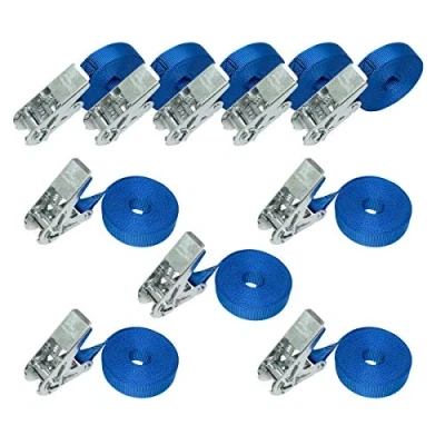 Abbildung von Amazon Basics Spanngurte mit Ratschenschloss, 6 m lang, 25 mm breit, Belastbarkeit 800 kg, entspricht DIN EN 12195 2, 10 Stück, Blau