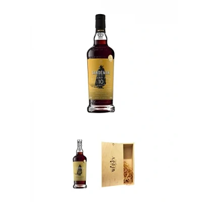 Abbildung von Sandeman Tawny Port 10 Jahre Portugal 0,75 Liter + 20 1a Whisky Holzbox für 2 Flaschen mit Schiebedeckel