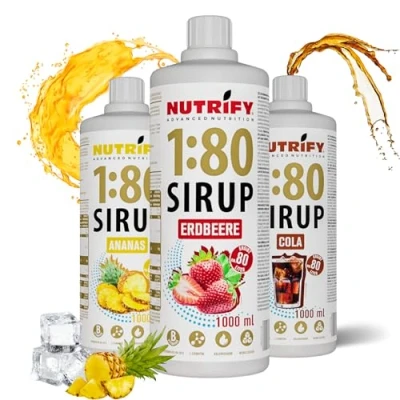 Abbildung von NUTRIFY Vital Fitness Drink 1:80 Sirup 3x 1 L Vorteilsset Getränkekonzentrat mit Vitaminen und Carnitin zuckerfrei ergibt 240 Liter Sportgetränk kalorienarm 3er Pack, Ananas Erdbeere Cola
