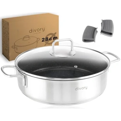 Abbildung von DIVORY Edelstahl Schmorpfanne 28cm ULTIME Induktion, Servierpfanne mit Deckel 4,6l beschichteter Kochtopf backofenfest, Schmortopf hoher Rand, Spülmaschinengeeignet