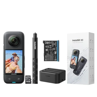 Abbildung von Insta360 X3 360 Grad wasserdichte Action Kamera, unsichtbarer Selfie Stick, Akku, Schnelllade Hub und 256 GB MicroSDHC Speicherkarte