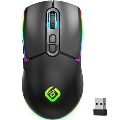Abbildung von JYCSTE Kabellose Gaming Maus, Dual Mode 2.4GHz/Bluetooth 5.1 Maus Gaming, RGB LED Hintergrundbeleuchtung, Ergonomische mit 6 Tasten, Wiederaufladbare Computer für PC, Mac, Laptop (schwarz)